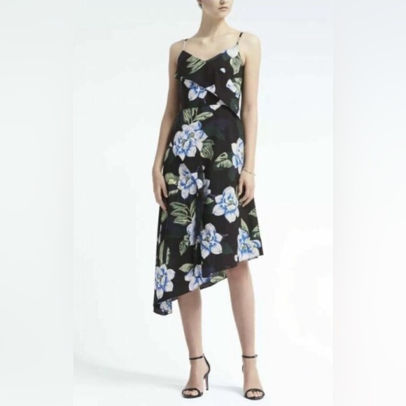 Banana Republic Black Strappy Blue Floral Asymmetrical Dress, Size 6 Petite - Picture 4 of 14
